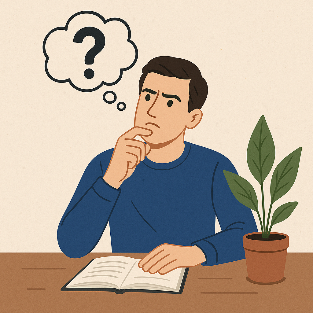 Ilustracja: Osoba pogrążona w myślach przy biurku. 