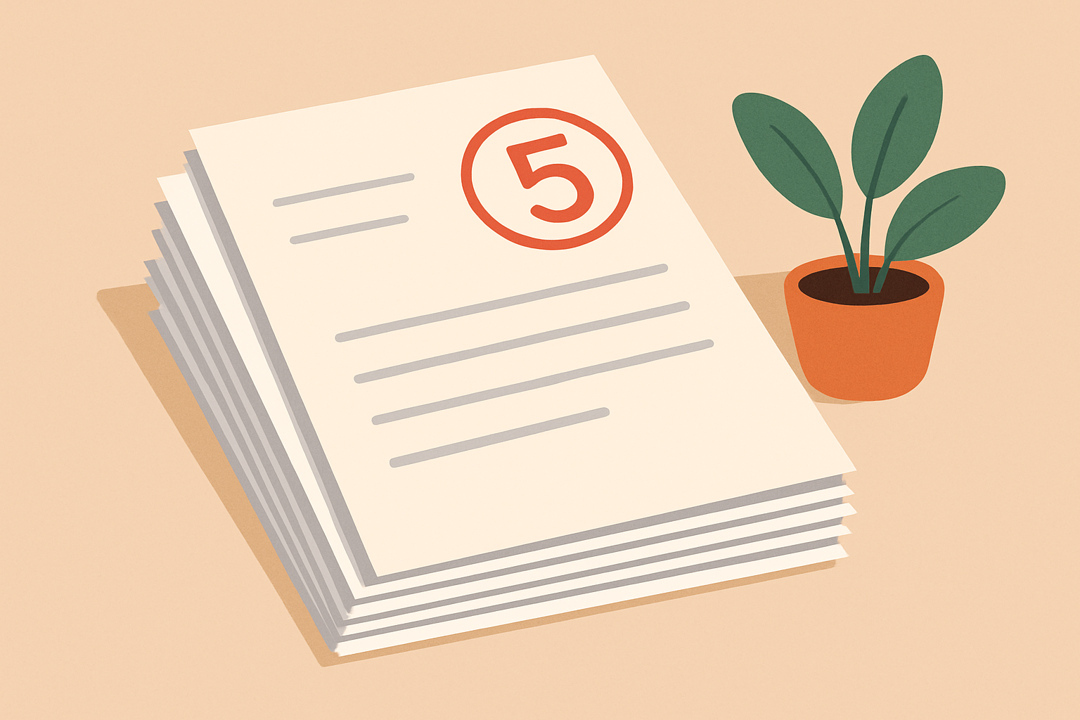 Stos ocenionych prac na biurku, z widoczną oceną „5” i doniczką z zielonymi liśćmi.