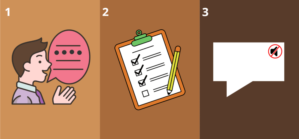 Ilustracja przedstawia trzy kroki: 1. Nie rób nic, 2. zbuduj strukturę zanim zaczniesz mówić, 3. Pamiętaj o wartości ciszy