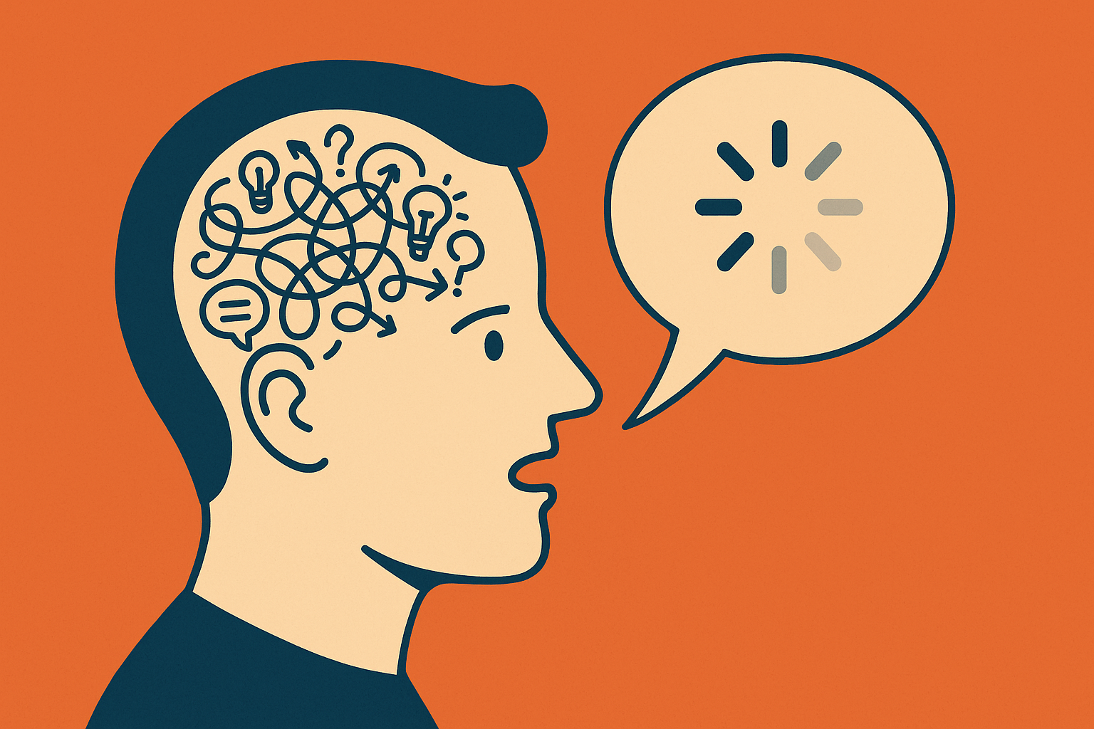 Ilustracja przedstawia osoba z pętlą niepoukładanych myśli “buforującą” następną wypowiedź