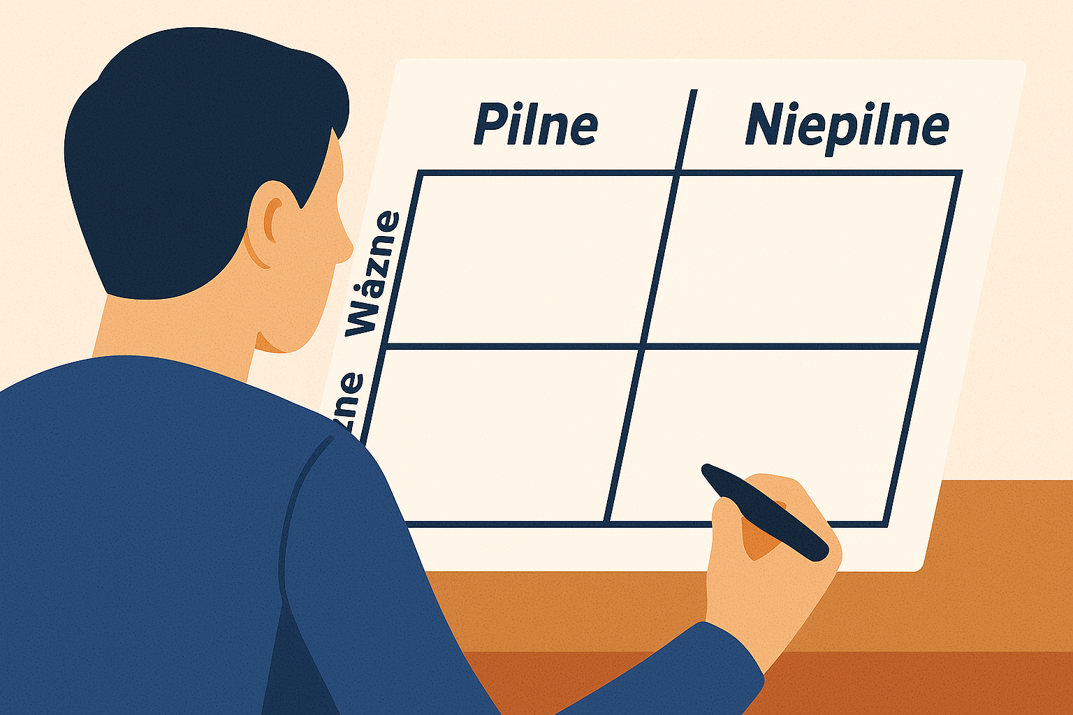 Ilustracja przedstawiająca osobę organizującą zadania w macierzy Eisenhowera