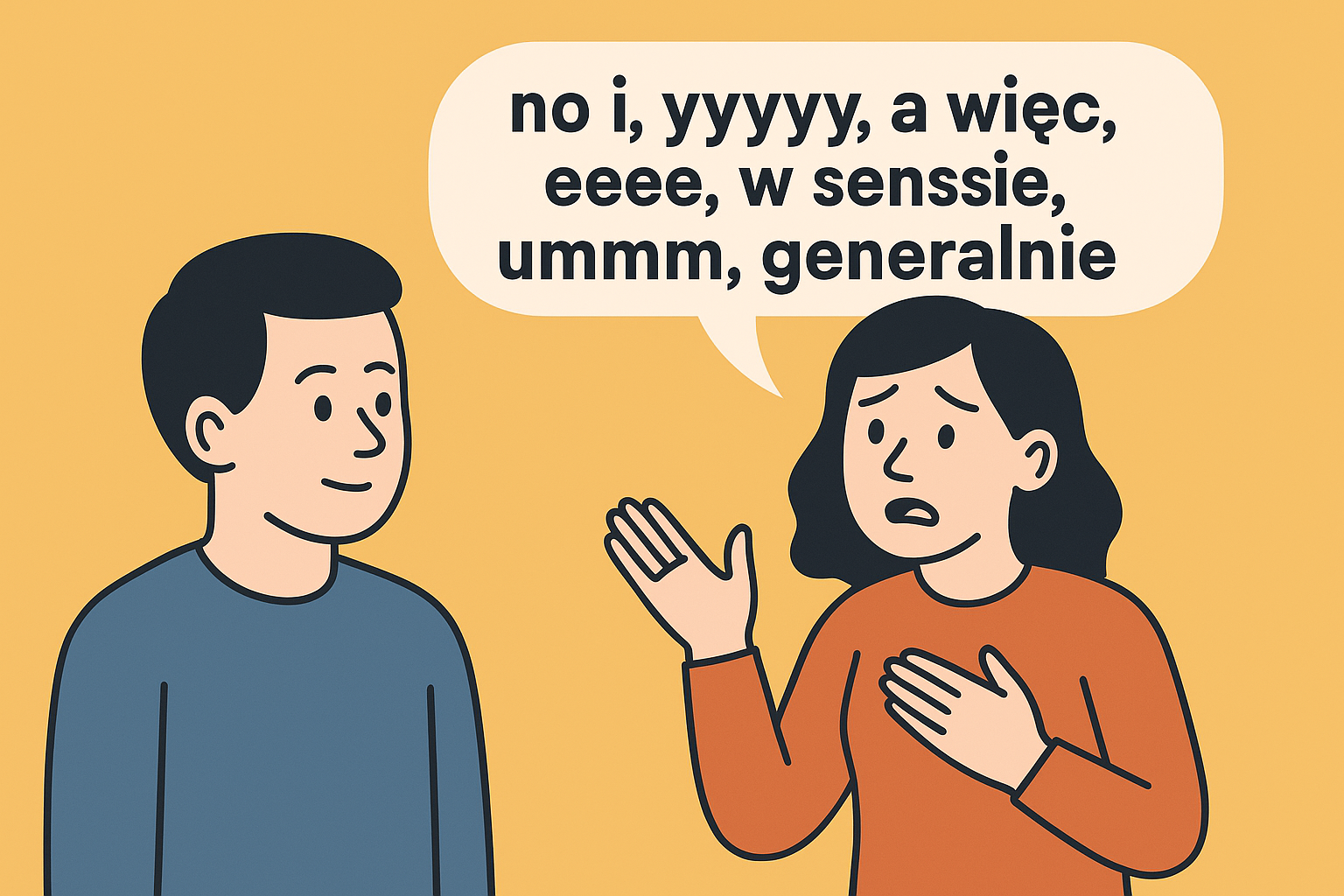 Ilustracja przedstawia dwie osoby, spokojnego słuchacza i zestresowaną mówczynię która zacięła się na pauzach wokalnych.