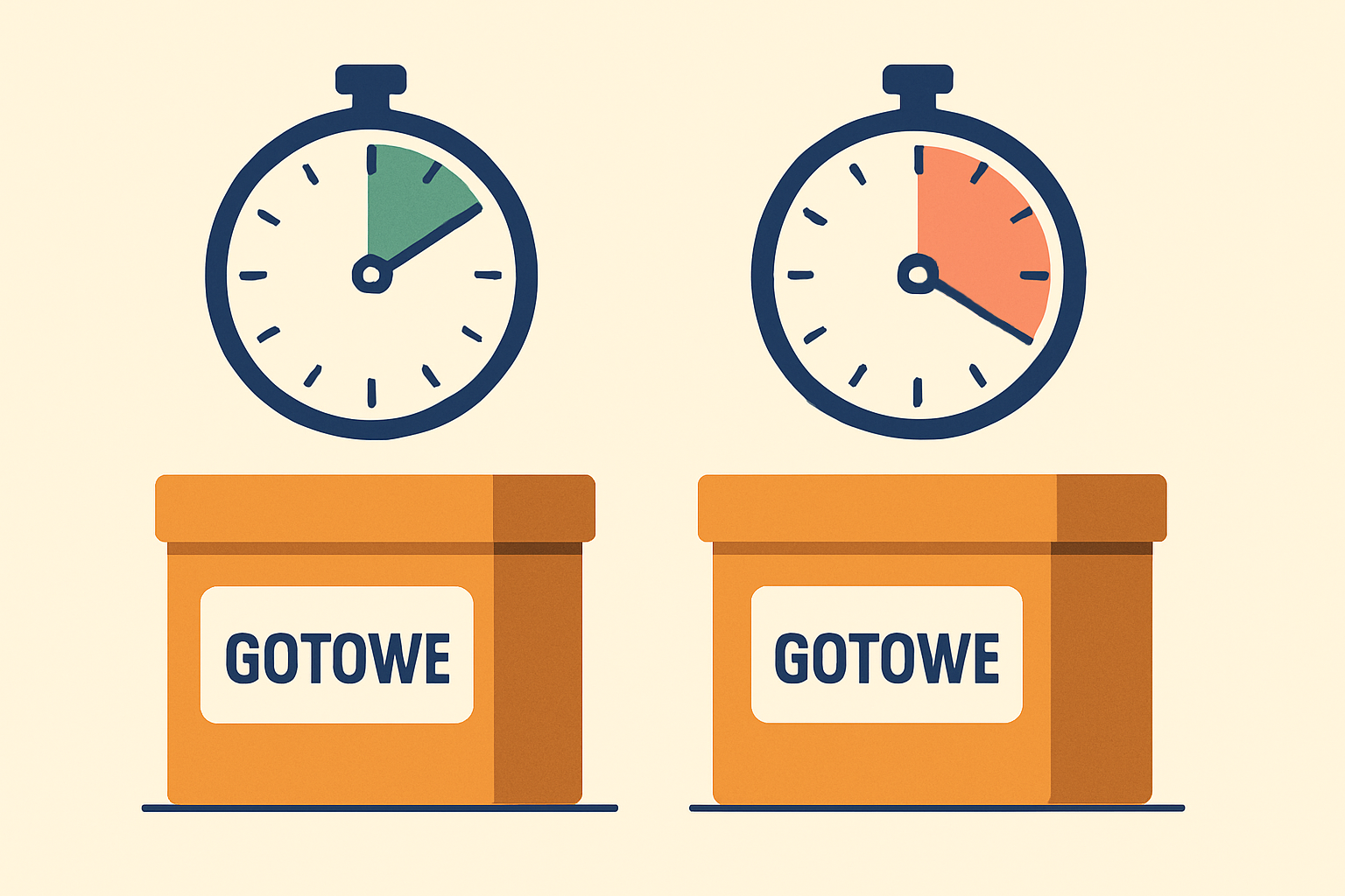 Ilustracja: dwa stopery, jeden o dłuższym drugi o krótszym zatrzymanym czasie, pod oboma znajduje się taki sam gotowy produkt