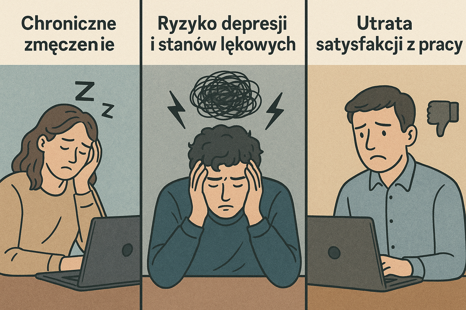 Ilustracja przedstawiająca trzy oblicza kryzysu psychicznego w pracy: kobietę pogrążoną w chronicznym zmęczeniu, mężczyznę przytłoczonego ryzykiem depresji i lęku oraz pracownika doświadczającego utraty satysfakcji zawodowej