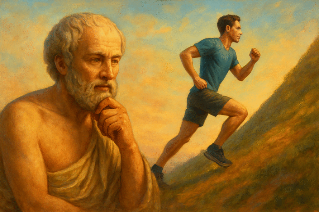 Ilustracja przedstawiająca Arystotelesa pogrążonego w zadumie obok biegnącego pod górę współczesnego mężczyzny