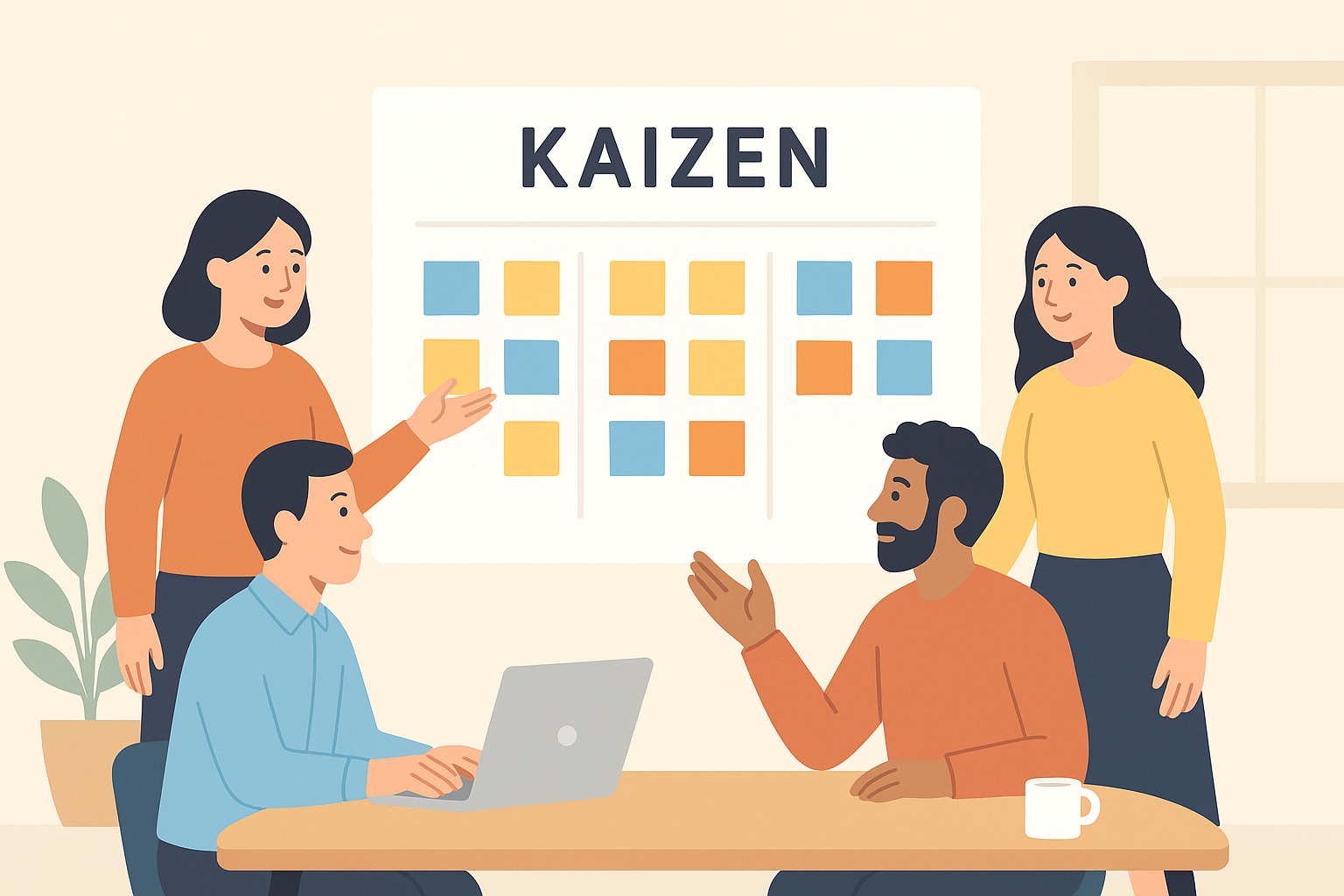 Zespół pracowników używający tablicy Kaizen do zarządzania pomysłami