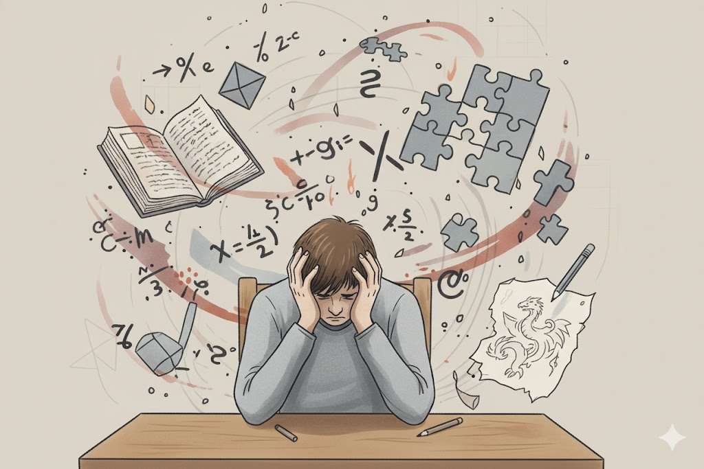 Osoba otoczona symbolami niedokończonych zadań